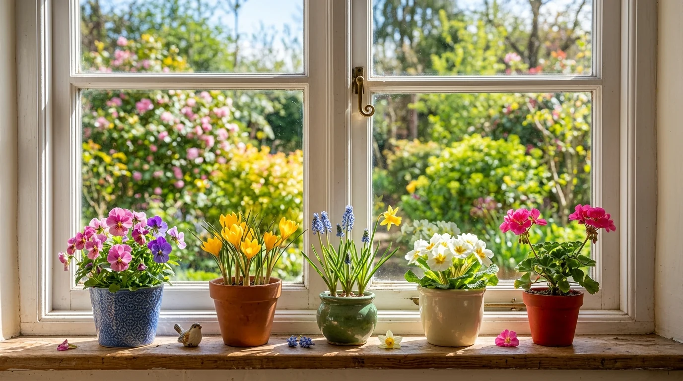 Vibrant spring bouquet in a blue vase with lilac-toned flowers.
