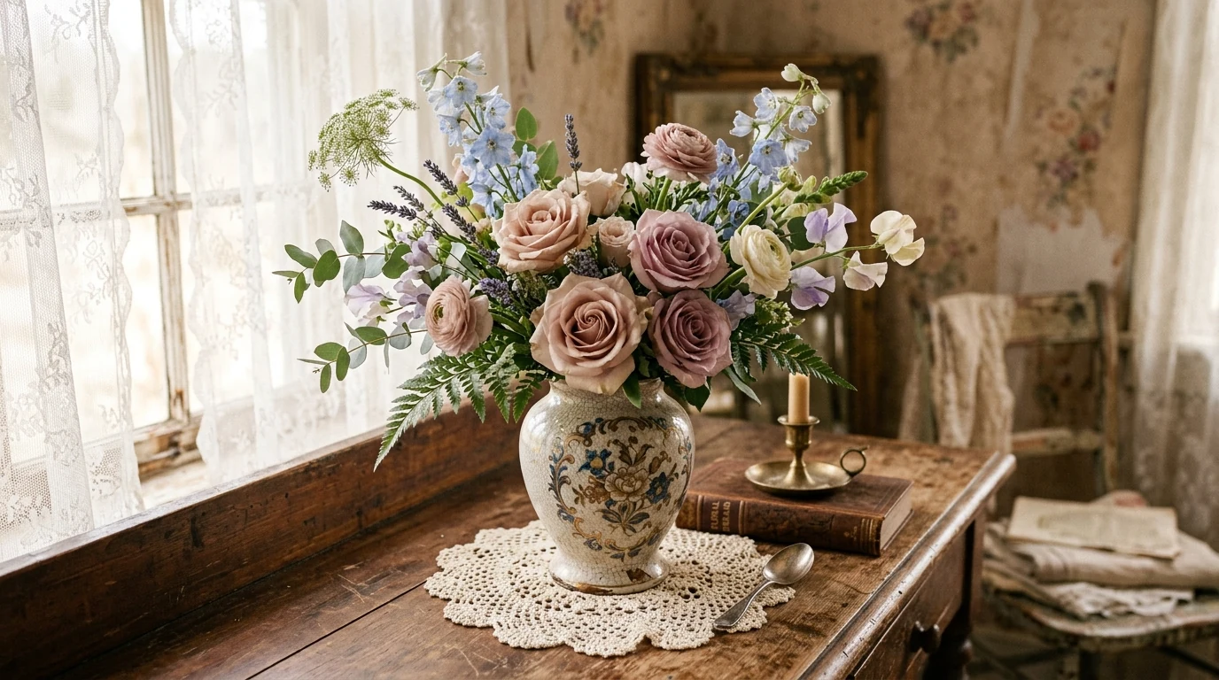 Garden-gathered spring flower arrangement styled in a basket.