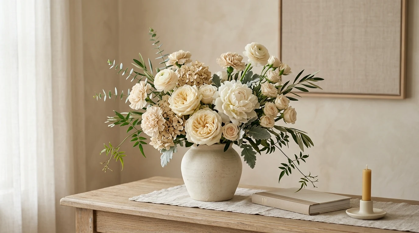 Fresh white spring flower arrangement with monochrome styling.
