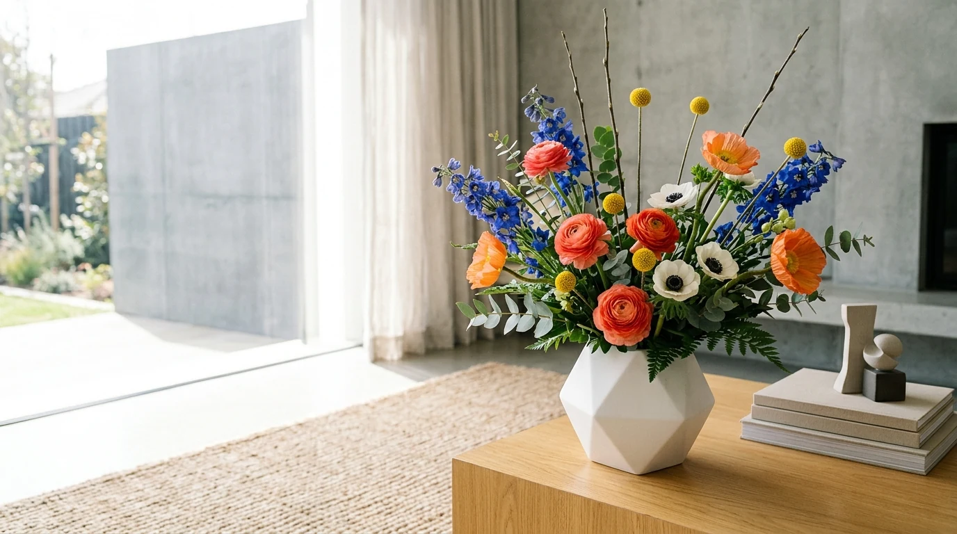 Vibrant spring flower centerpiece arranged in a compote bowl.