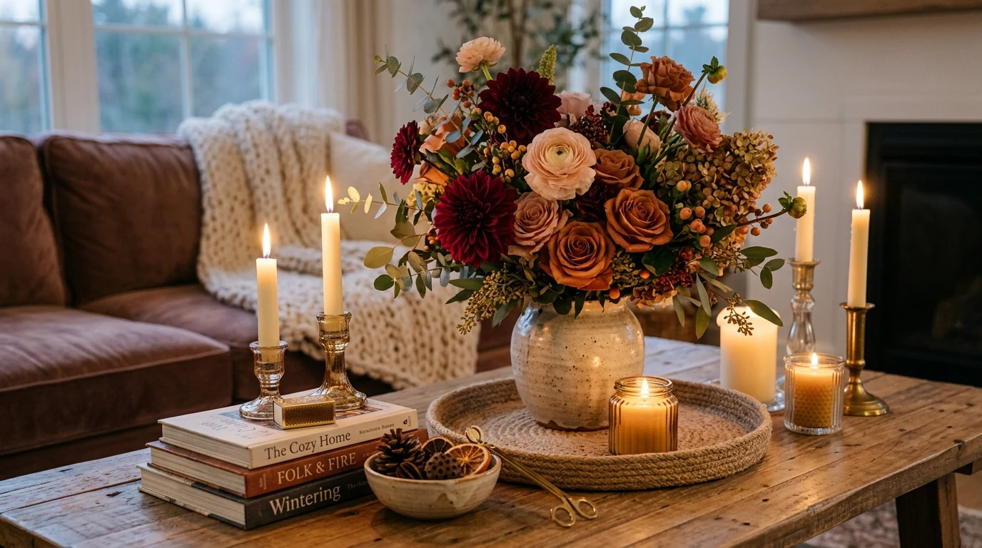 Oversized spring flower arrangement in a foyer vase.