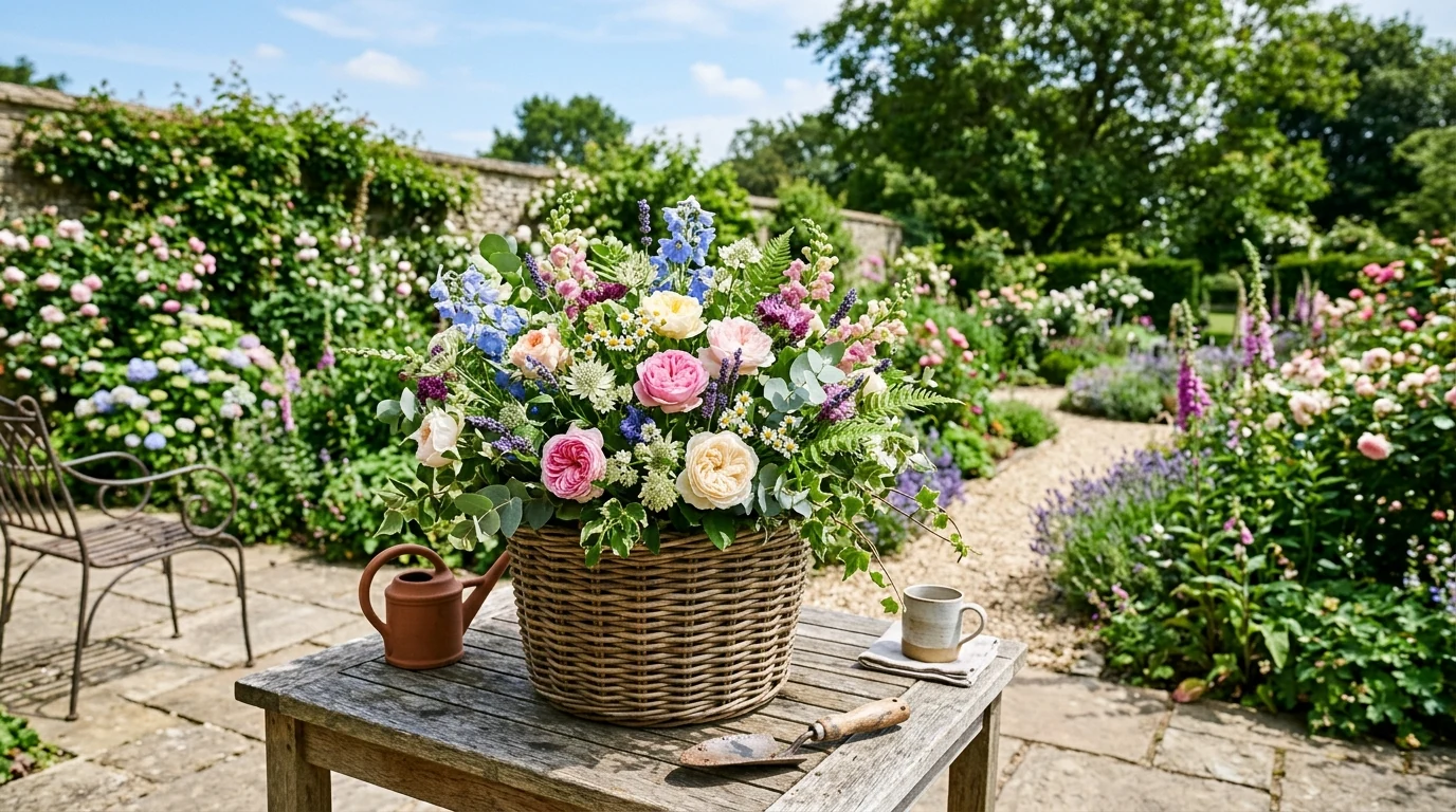Small vibrant spring flower posy on a bedside table.