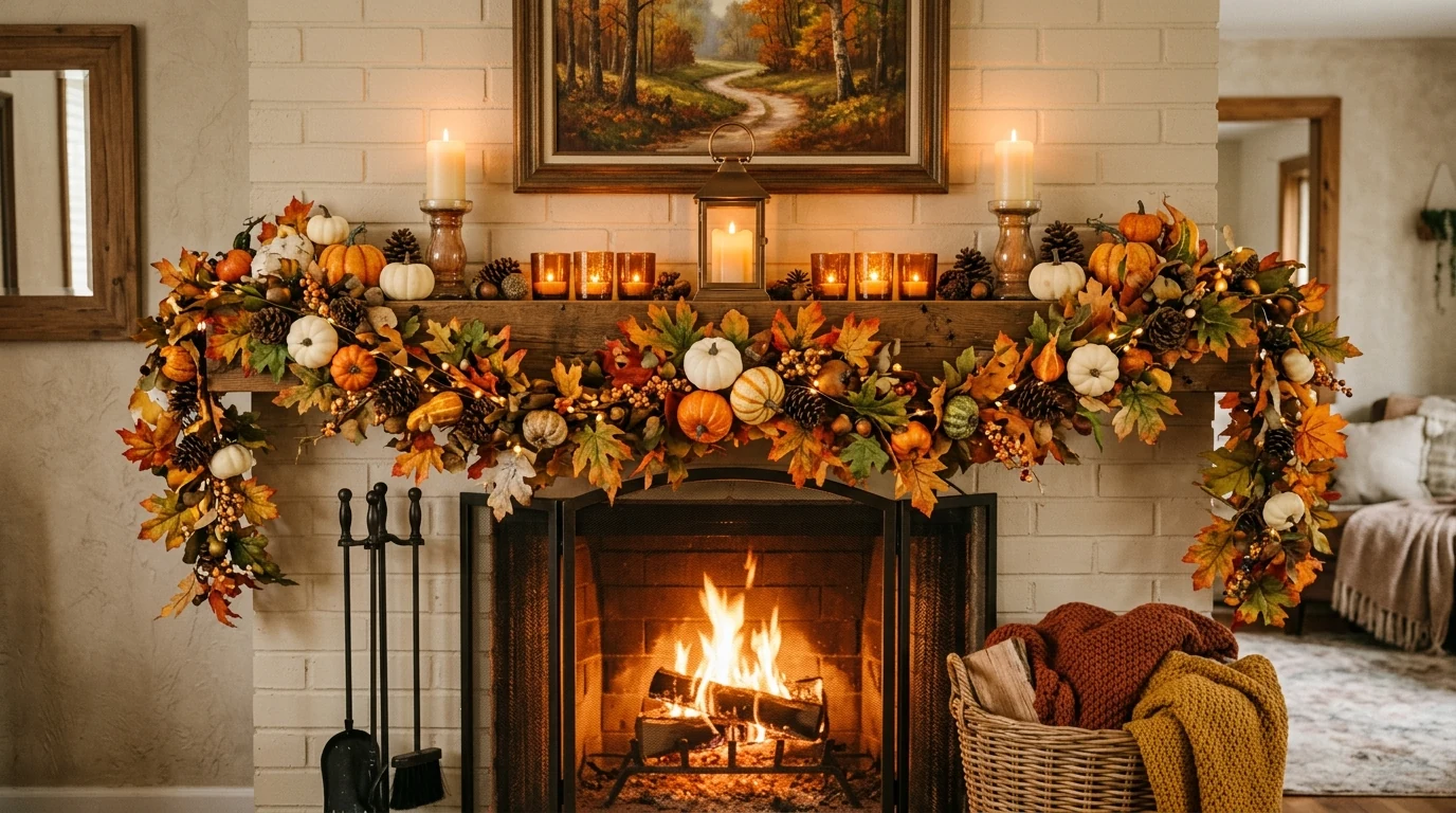 Warm fall mantel decor creating a cozy autumn fireside focal point.