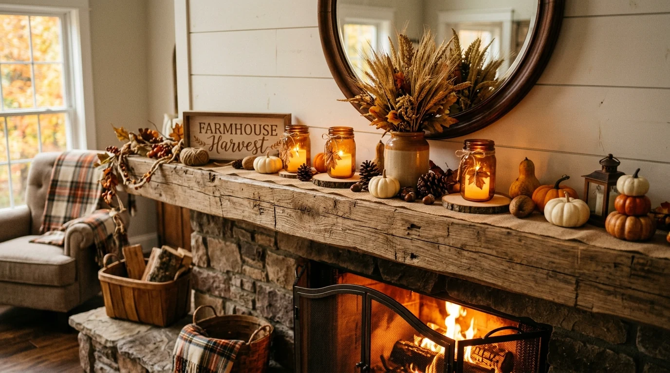 Autumn mantel with tall candlesticks and warm amber accents.
