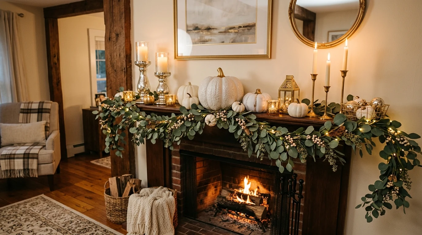 Neutral fall mantel styled with white pumpkins and soft seasonal decor.