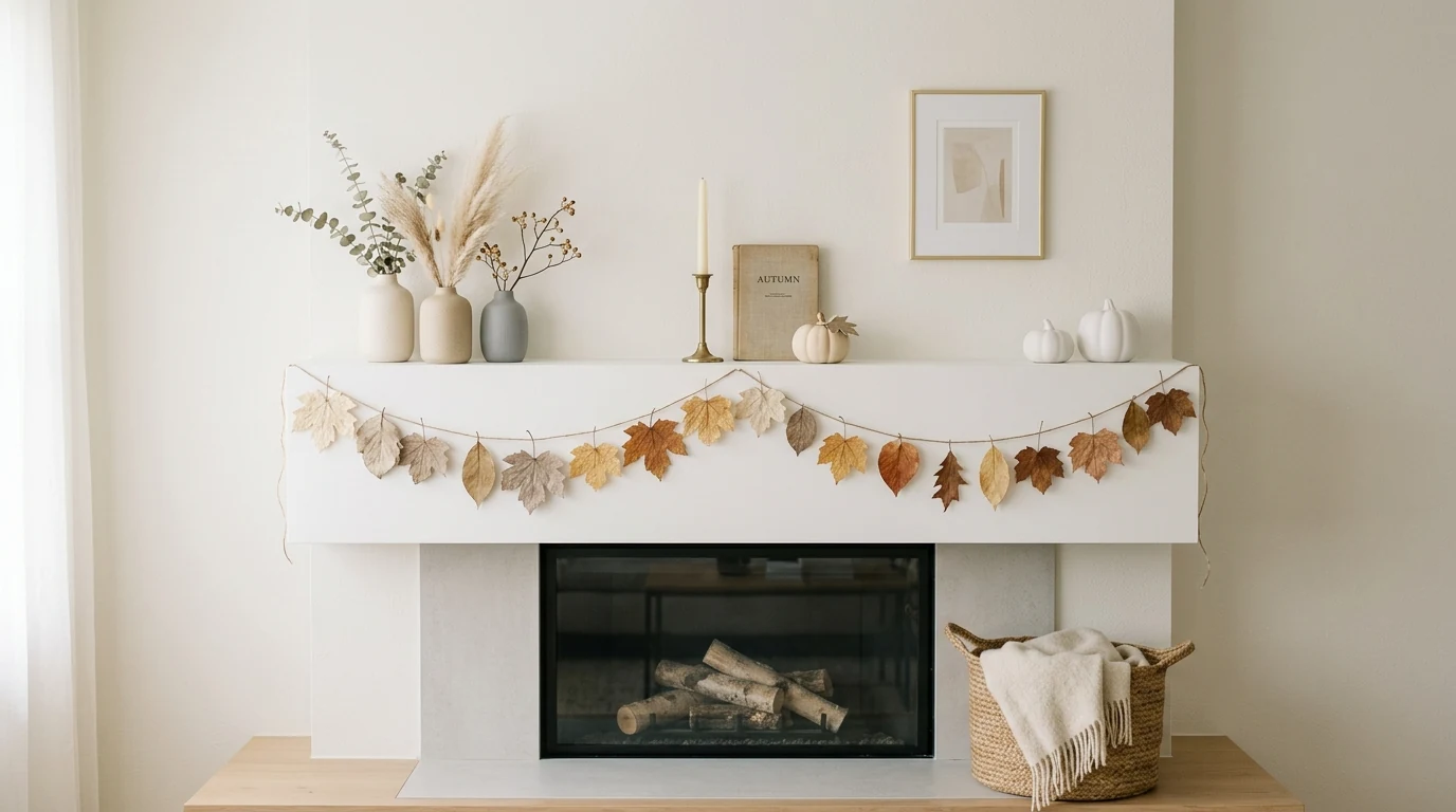 Fall fireplace mantel layered with vintage frames and seasonal leaves.