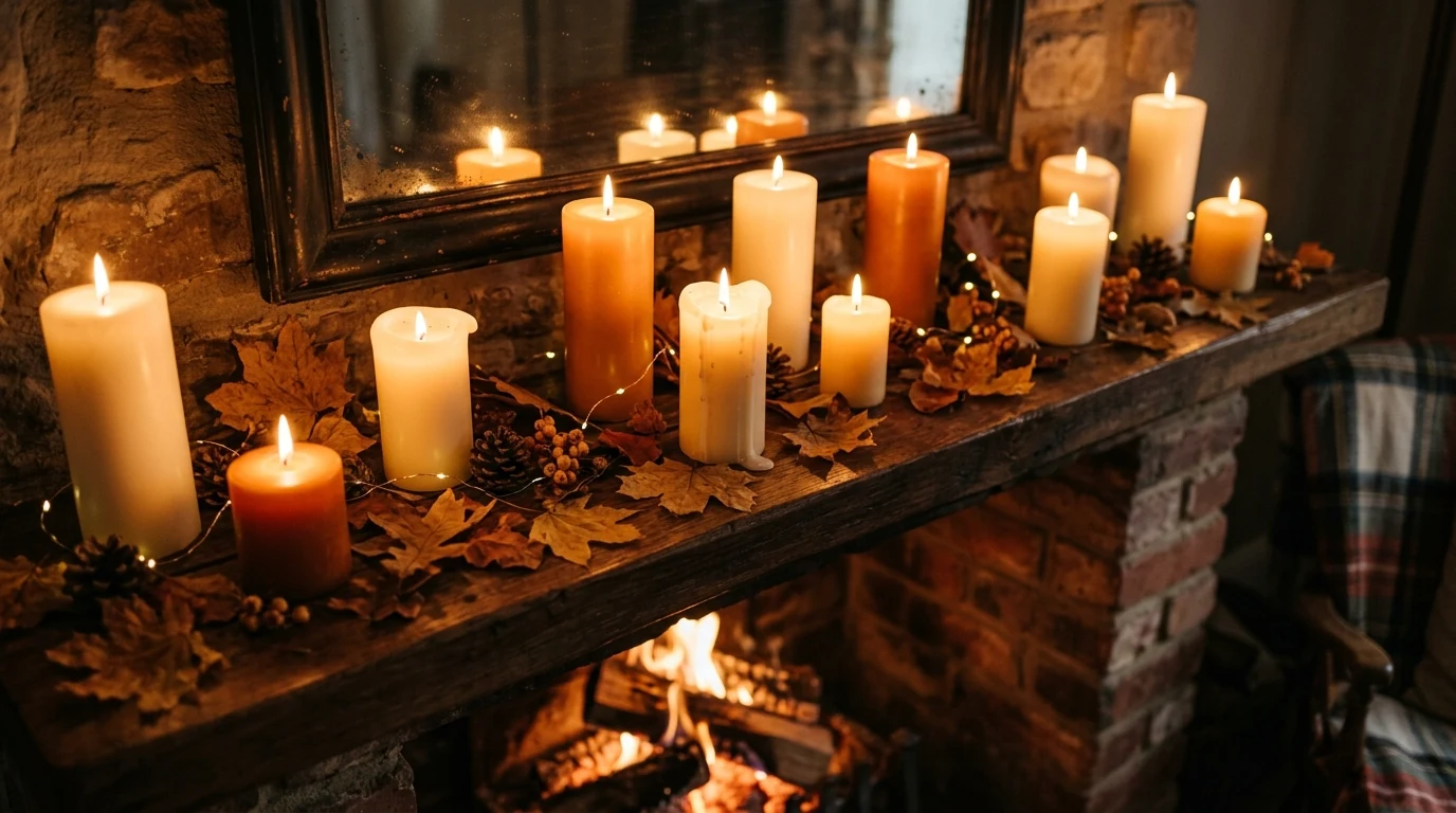 Rustic fall mantel with dried wheat and warm wood textures.