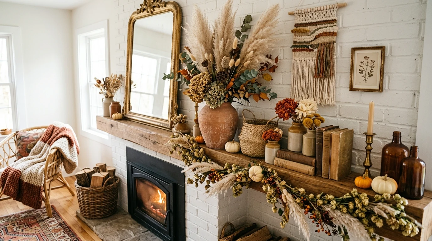 Moody autumn mantel with dark florals and rich seasonal styling.