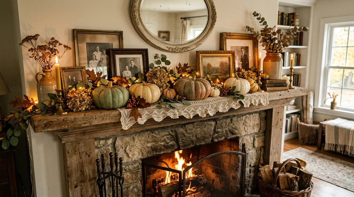 Fall mantel arranged symmetrically with pumpkins and lanterns.