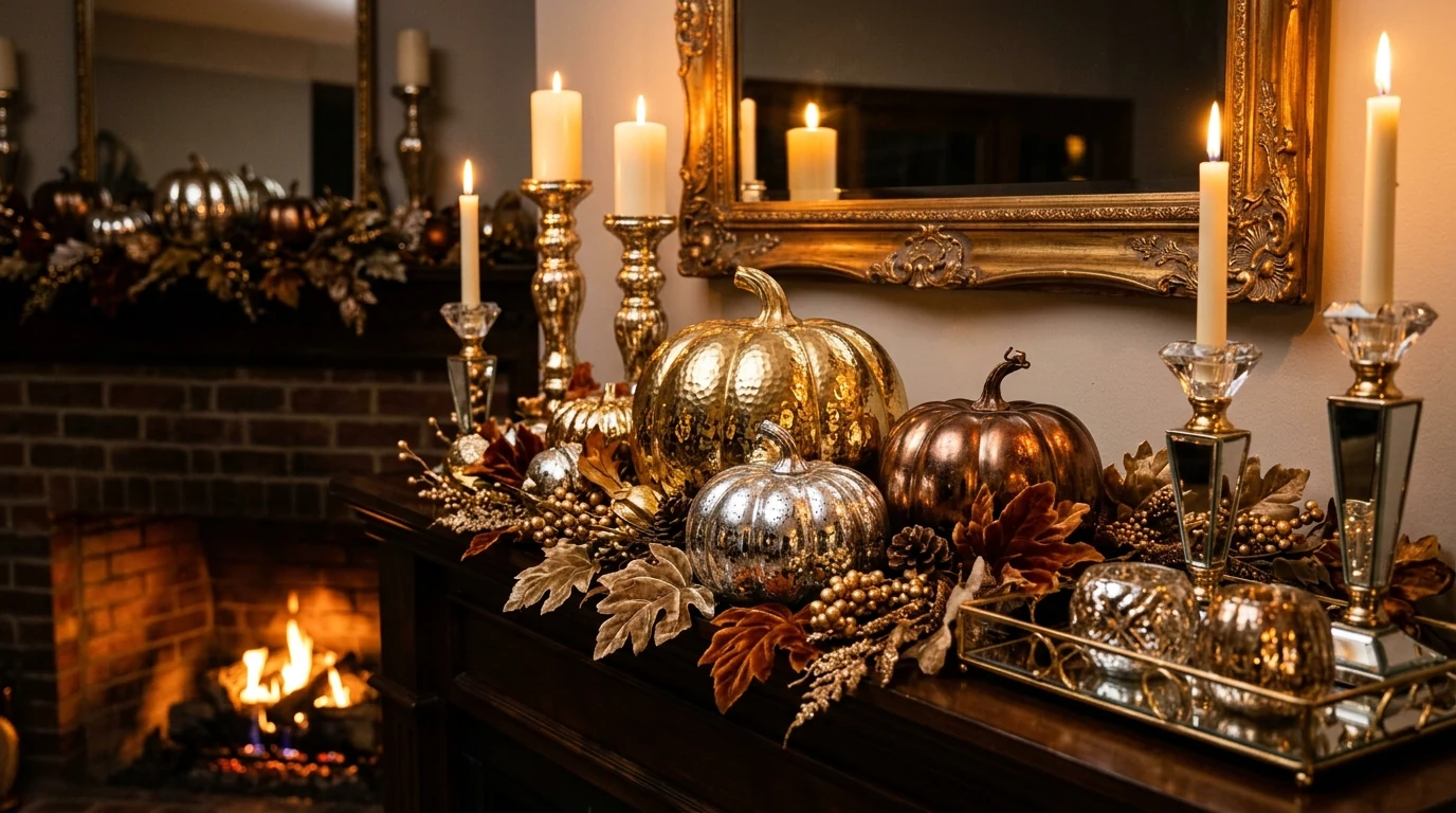 Autumn mantel featuring leaf garland and brass mirror accents.