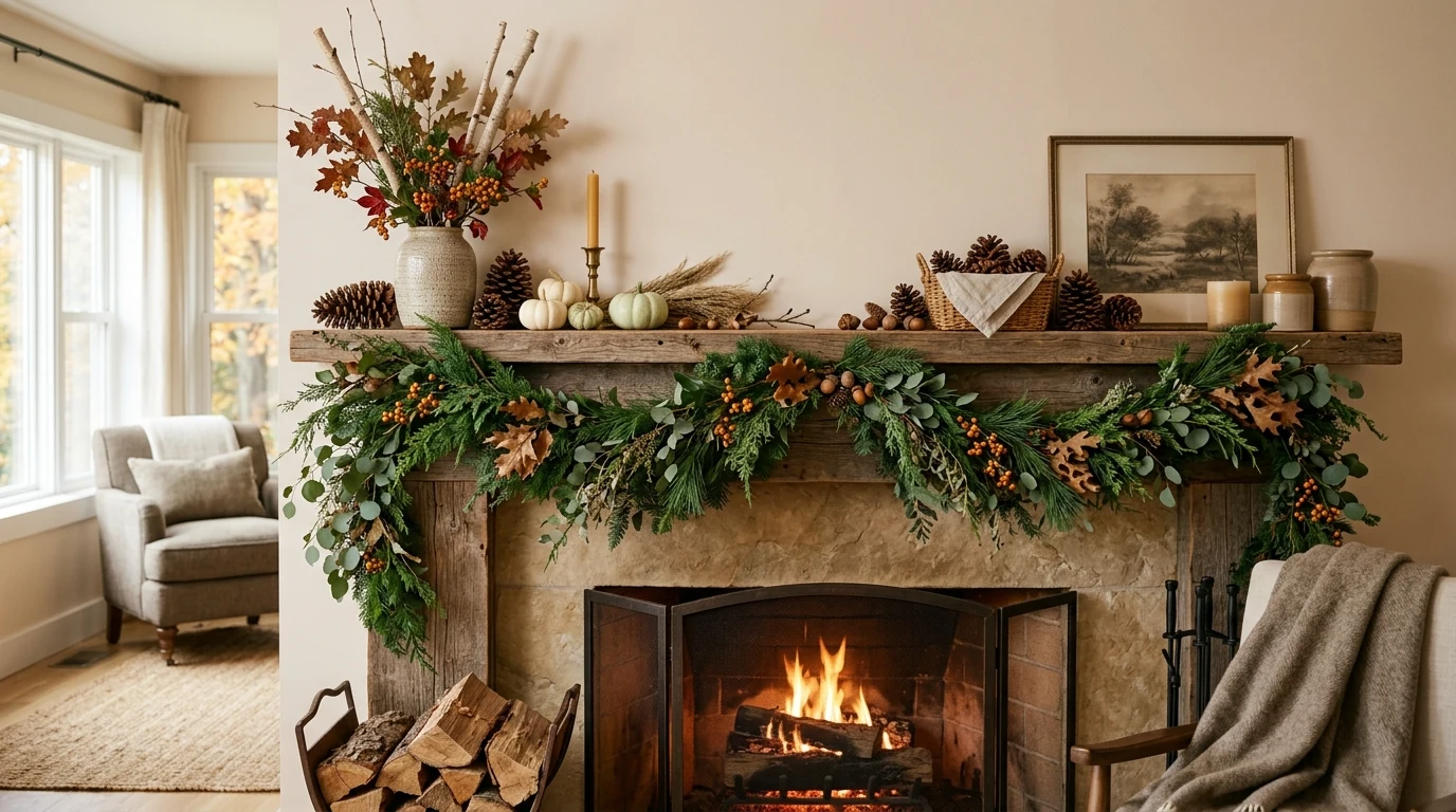 Cottage-style fall mantel with soft florals and cozy seasonal details.