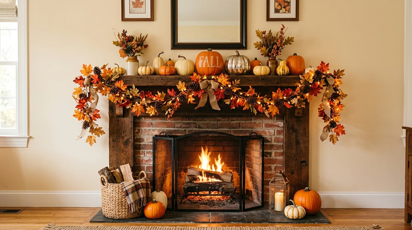 Autumn hearth styled with a harvest basket beside the fireplace.