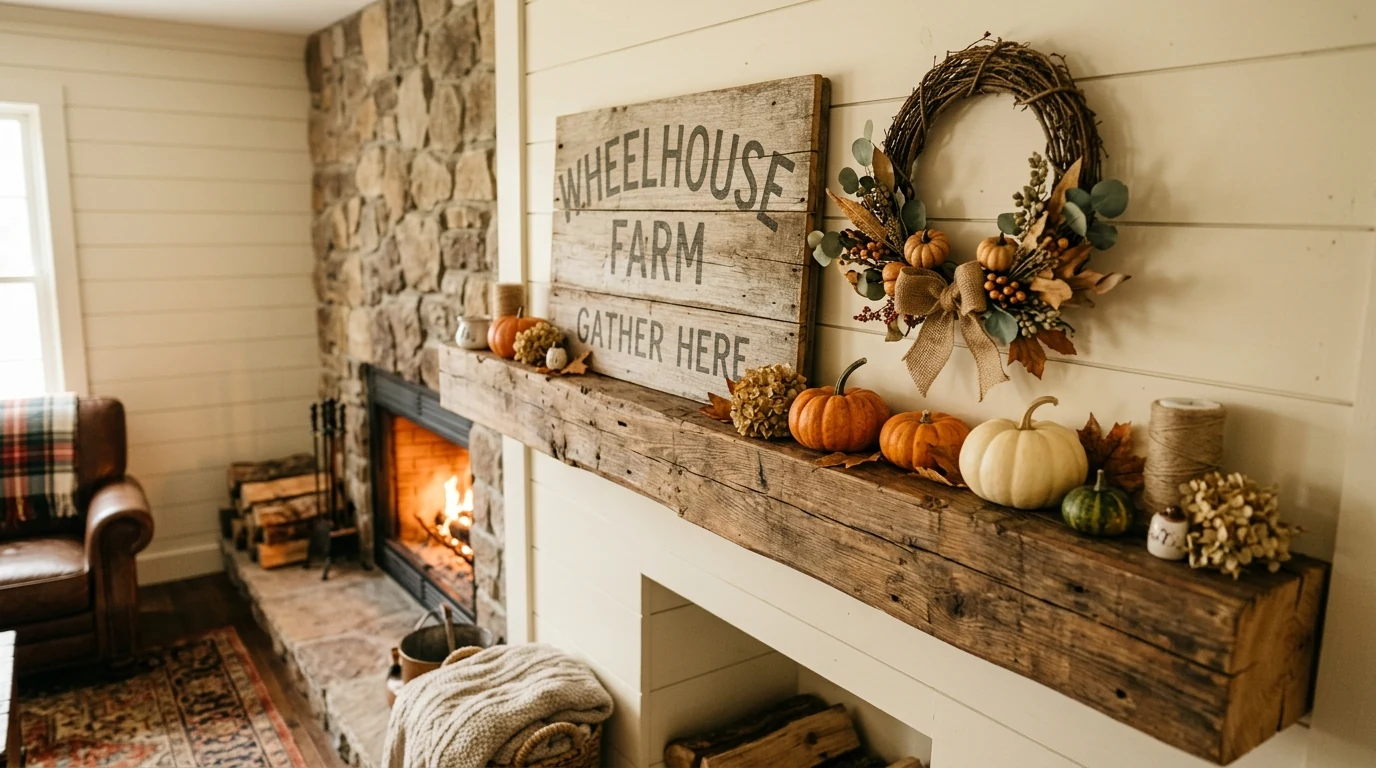 Minimal fall mantel with a single statement wreath above the fireplace.