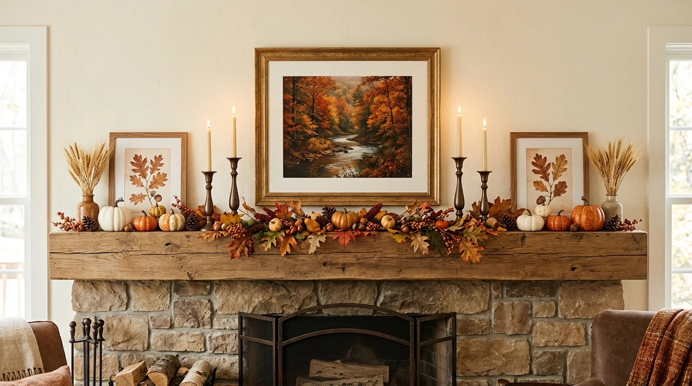 Fall mantel decorated with layered candles and copper vessels.
