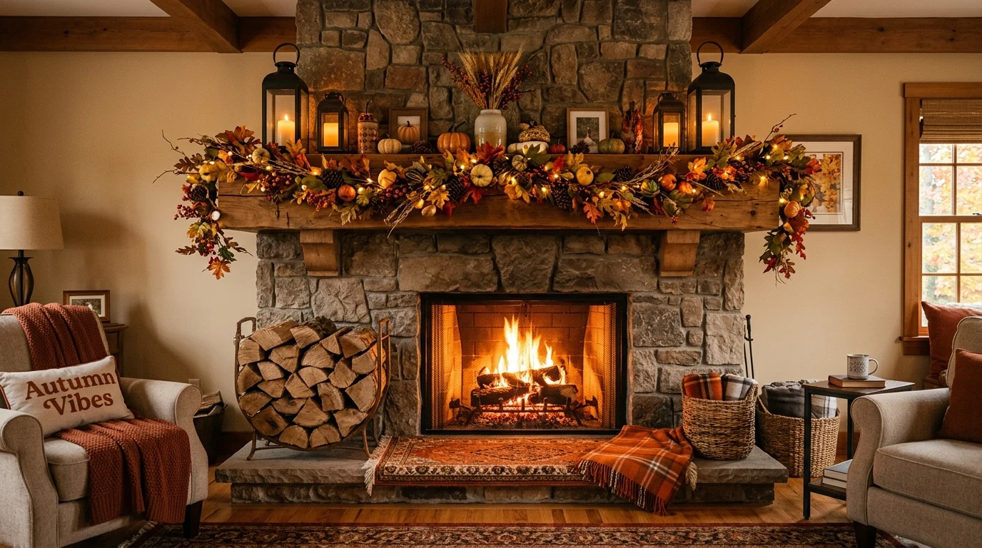 Warm fall mantel display filled with seasonal texture for a cozy fireside look.