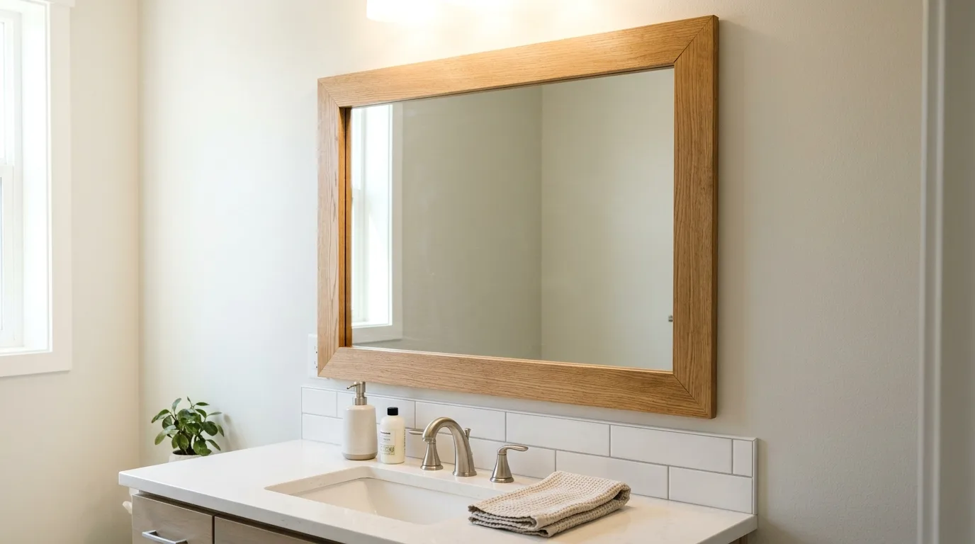 DIY bathroom mirror framed for a more polished custom look.