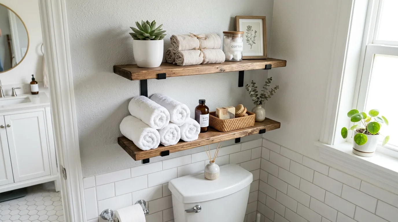 Bathroom makeover with peel-and-stick wallpaper on an accent wall.