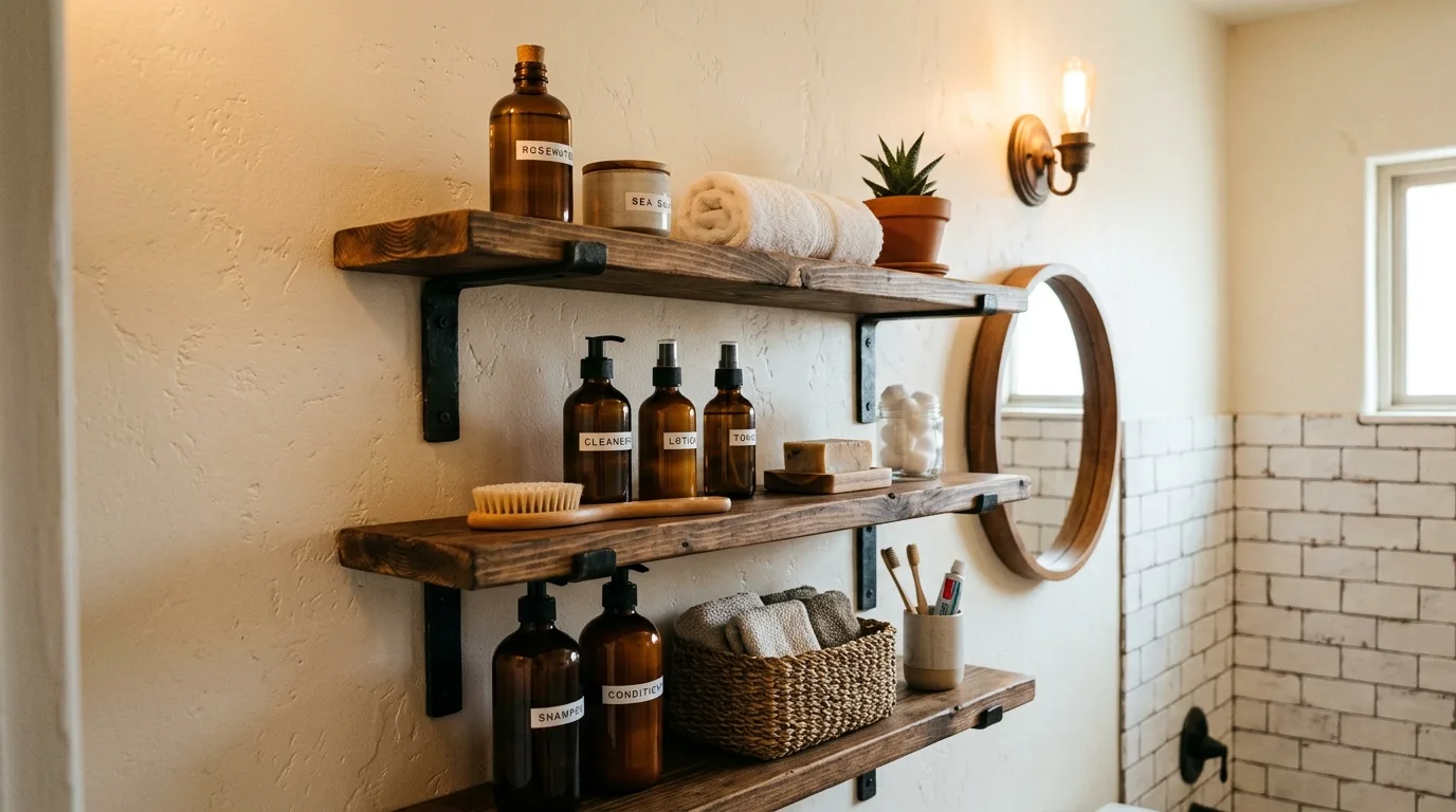 DIY bathroom shelf installed above a toilet or beside a vanity.