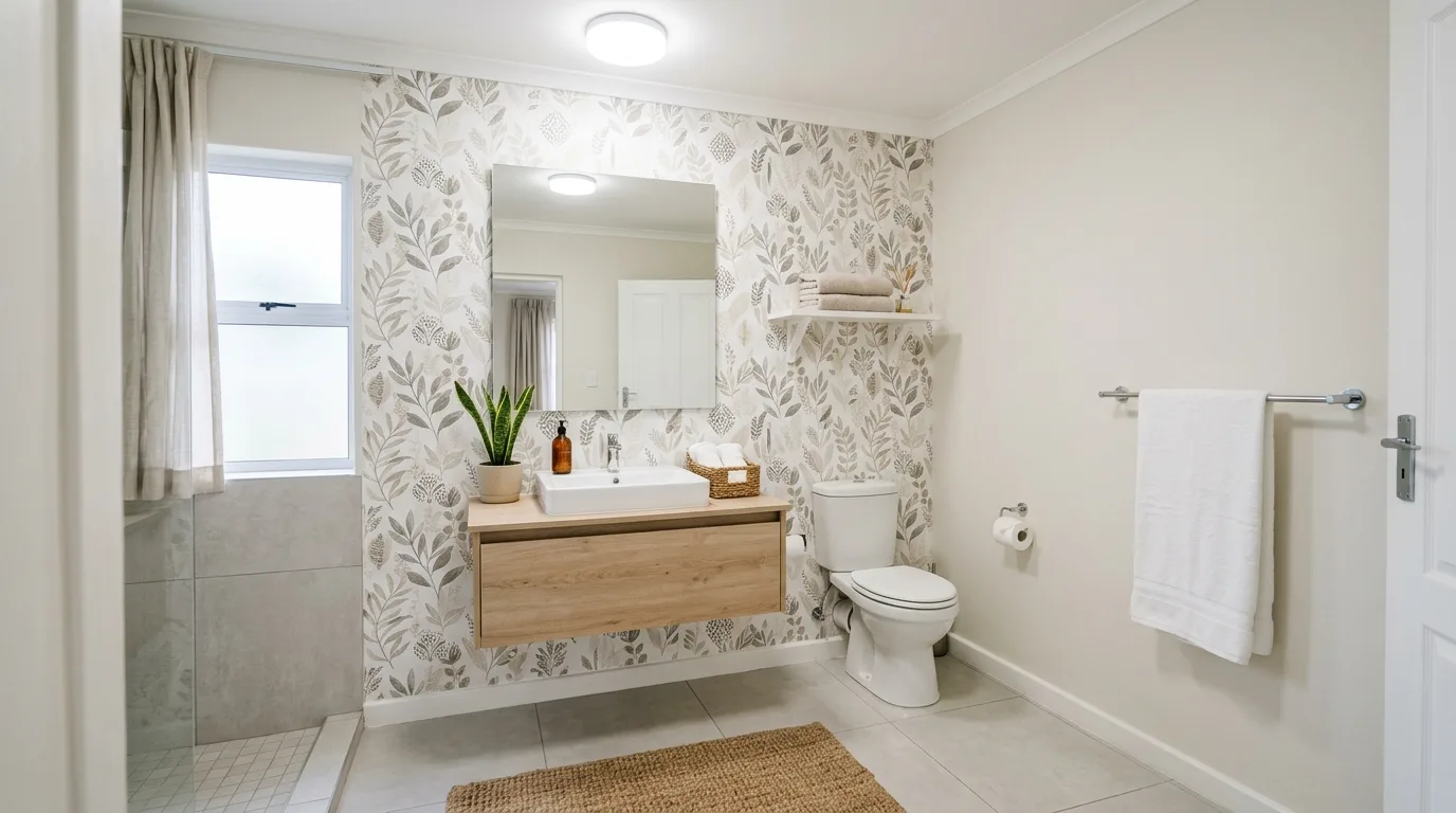 Bathroom wall decorated with small framed art in a budget DIY makeover.