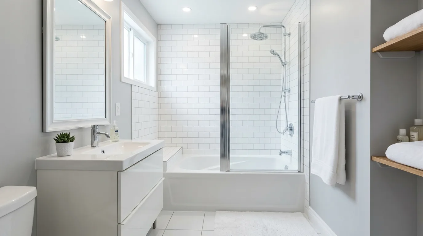Affordable bathroom storage using baskets on shelves and under the sink.