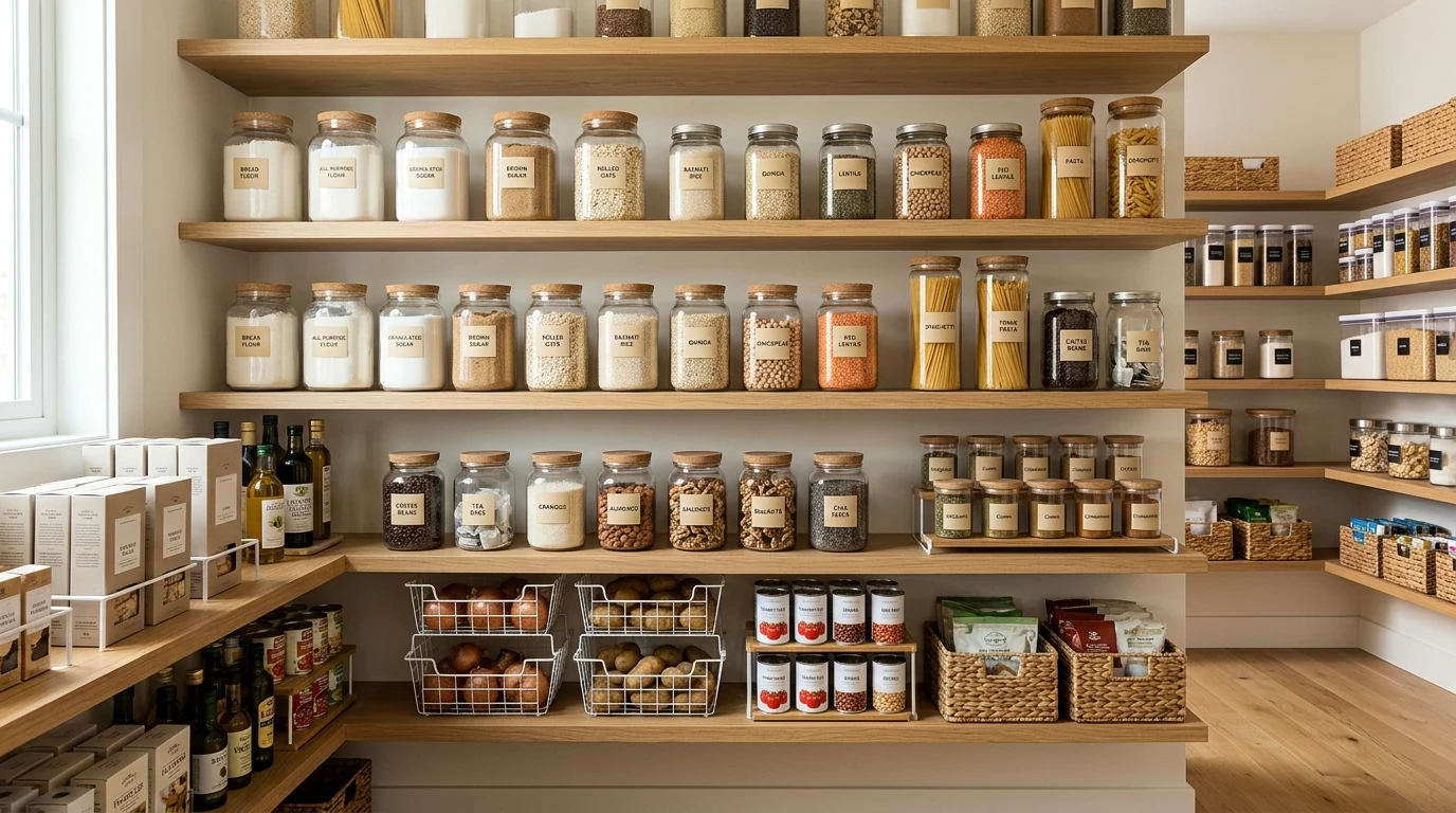 Kitchen refresh with one open shelf restyled in a tidy way.