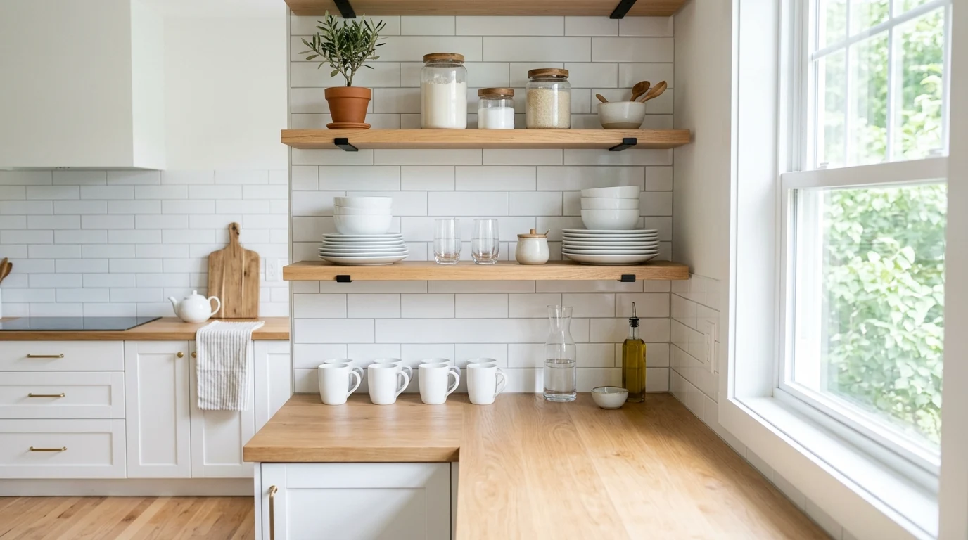 Weekend kitchen reset with fresh linens and a utensil crock.