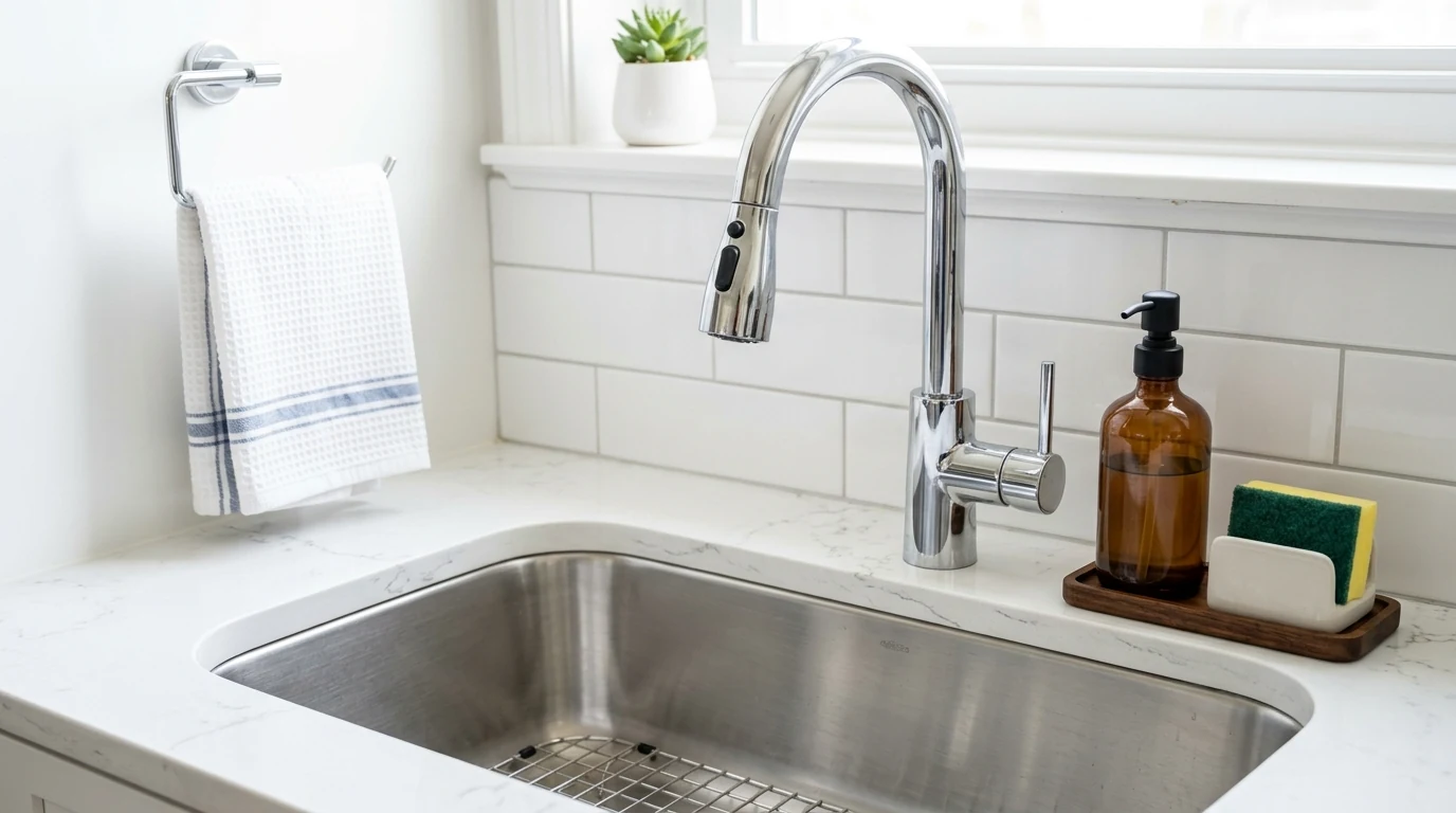 Tidy kitchen coffee station arranged neatly on a tray.