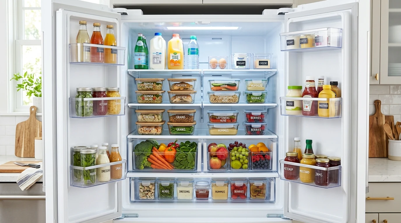 Kitchen island refreshed with fruit and a small floral arrangement.