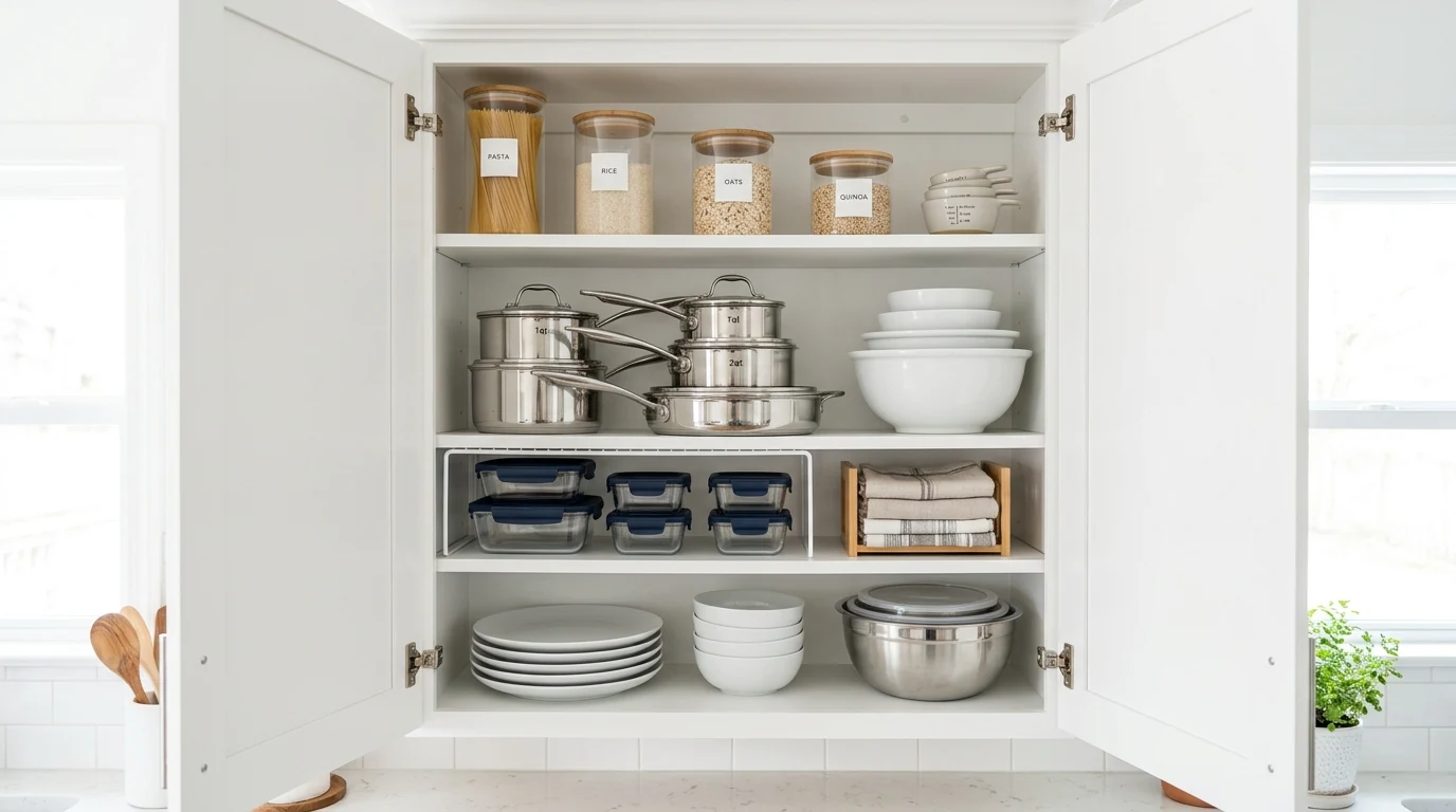 Kitchen shelf reset with matching jars for visible pantry storage.