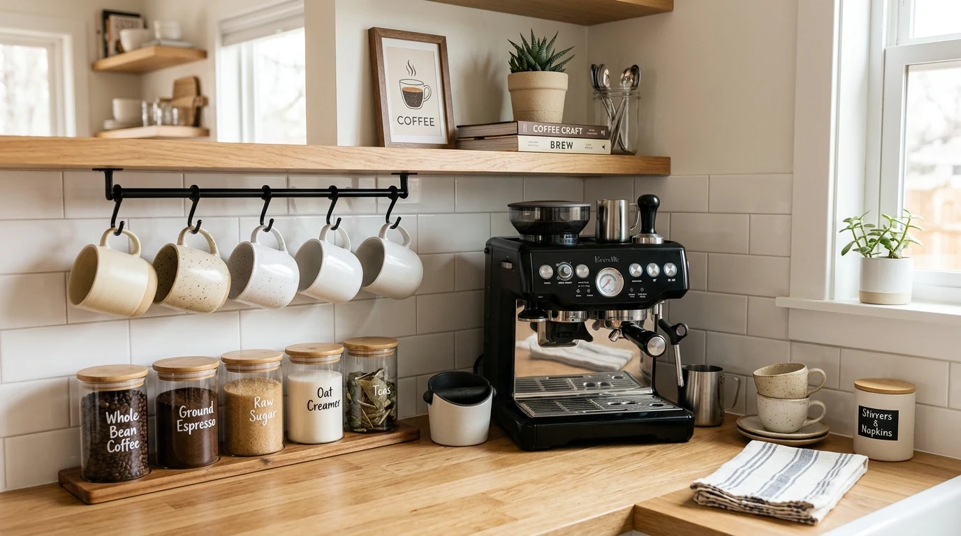 Kitchen reset with cutting boards layered neatly against the backsplash.
