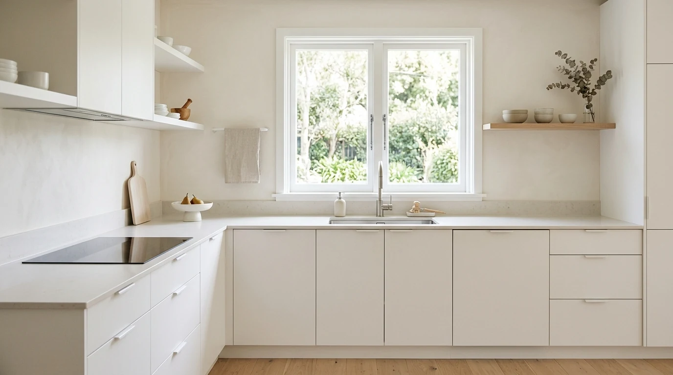 Weekend kitchen refresh finished with a soft rug and simple accents.