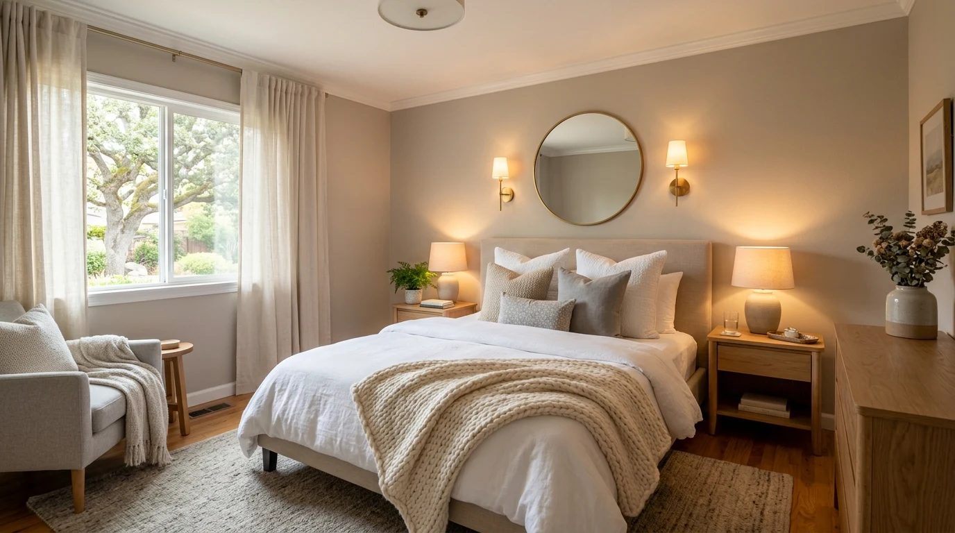 Welcoming cozy guest bedroom styled for a five-star visitor stay.
