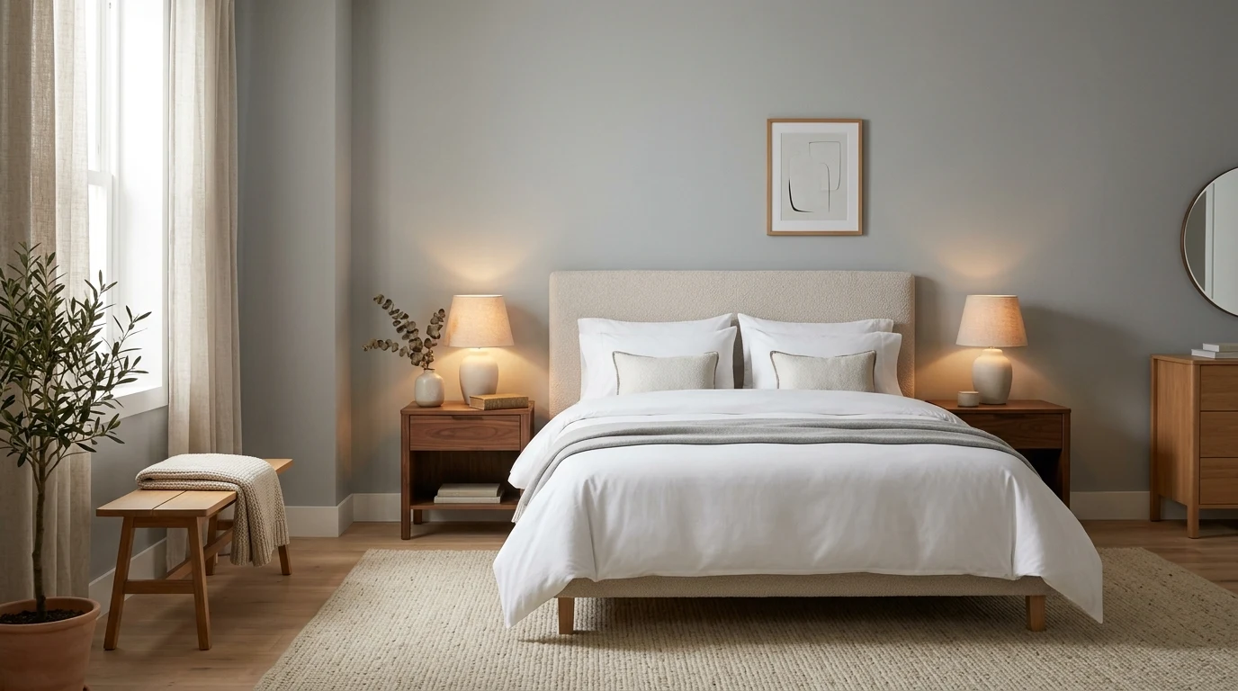 Welcoming guest bedroom styled with a soft throw and layered accent pillows.