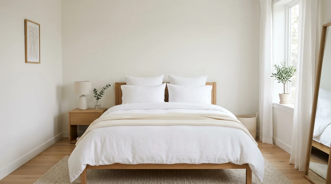 Guest bedroom nightstand with lamp, water carafe, and welcoming essentials.