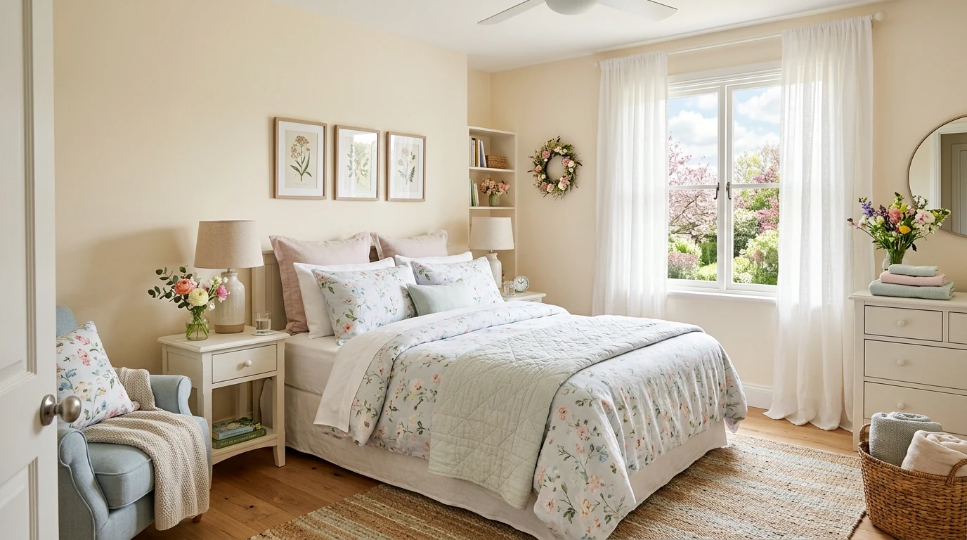 Neutral guest bedroom with warm wood tones and cozy welcoming decor.