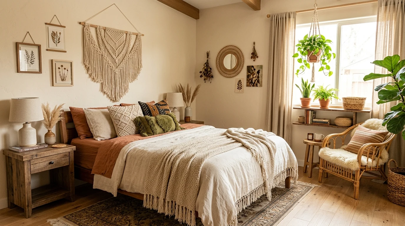 Cozy guest bedroom with a reading chair in a quiet corner.