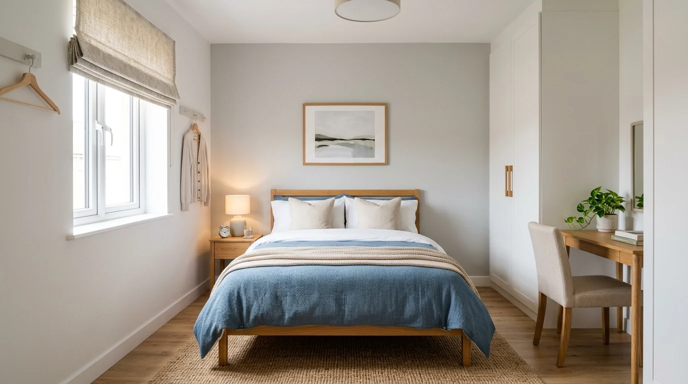 Guest room styled with folded towels and useful visitor essentials.