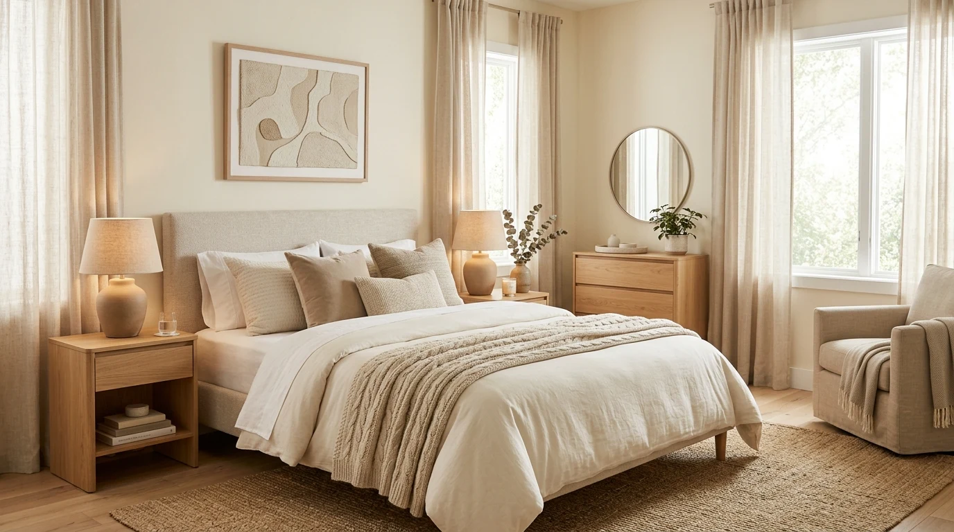 Cozy guest bedroom with a patterned rug adding warmth underfoot.
