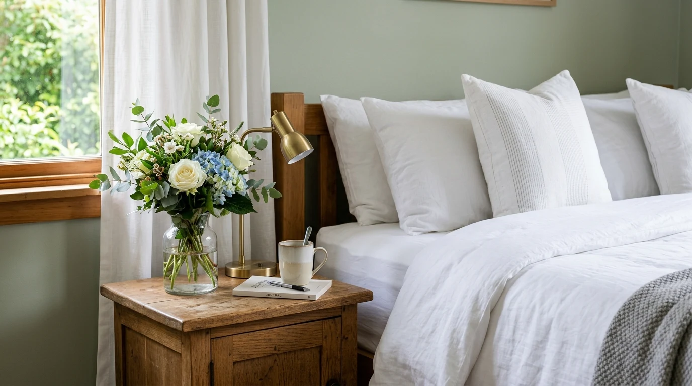 Welcoming guest bedroom with simple art and calm decor styling.