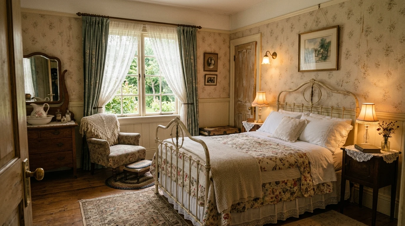 Guest bedroom with soft window treatments for privacy and restful sleep.