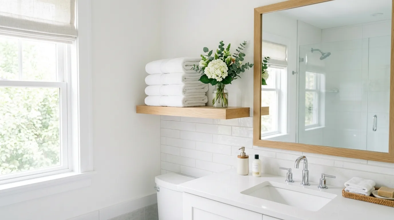 Welcoming guest bathroom with white towels, soft light, tray styling, and hotel-like details.