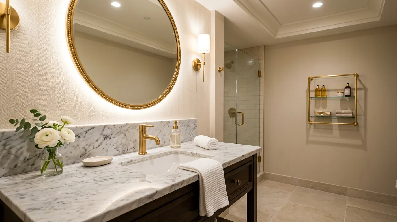 Guest bathroom vanity styled with a tray of essentials for visitors.
