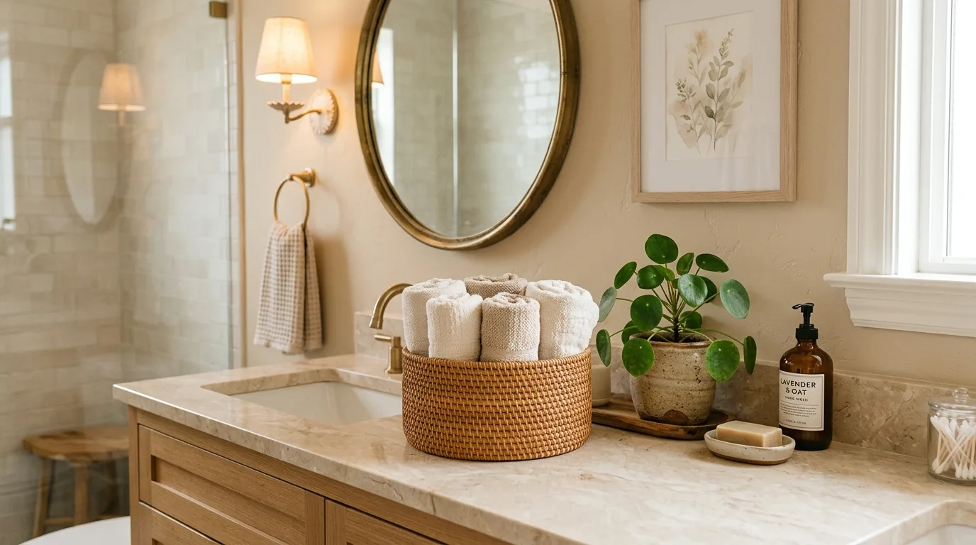 Welcoming guest bathroom with soft mirror lighting and elegant decor.