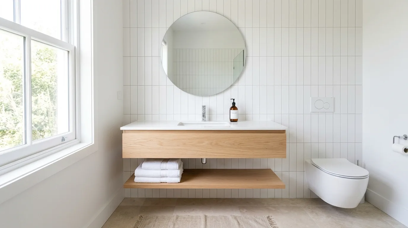 Guest bathroom with fresh greenery arranged on the countertop.