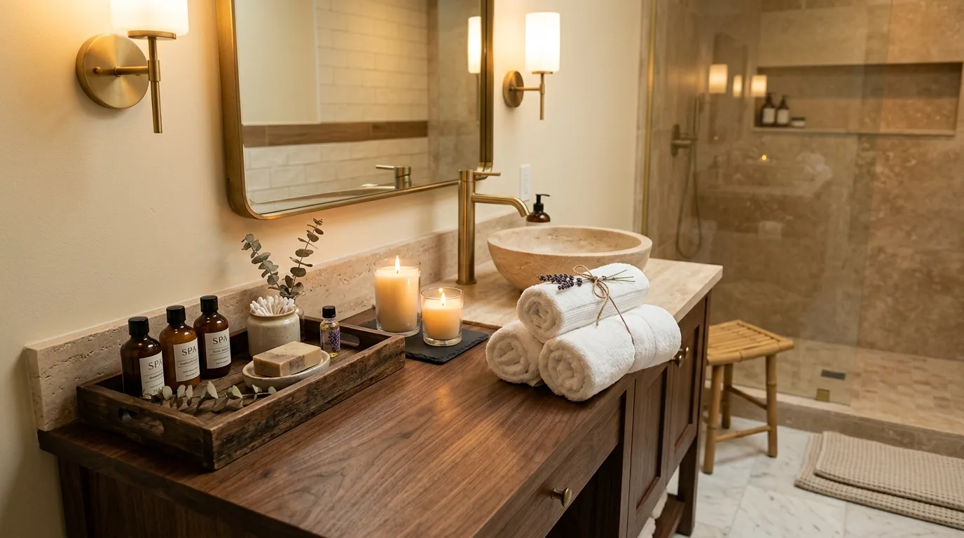 Guest bathroom basket stocked with extra supplies and towels.