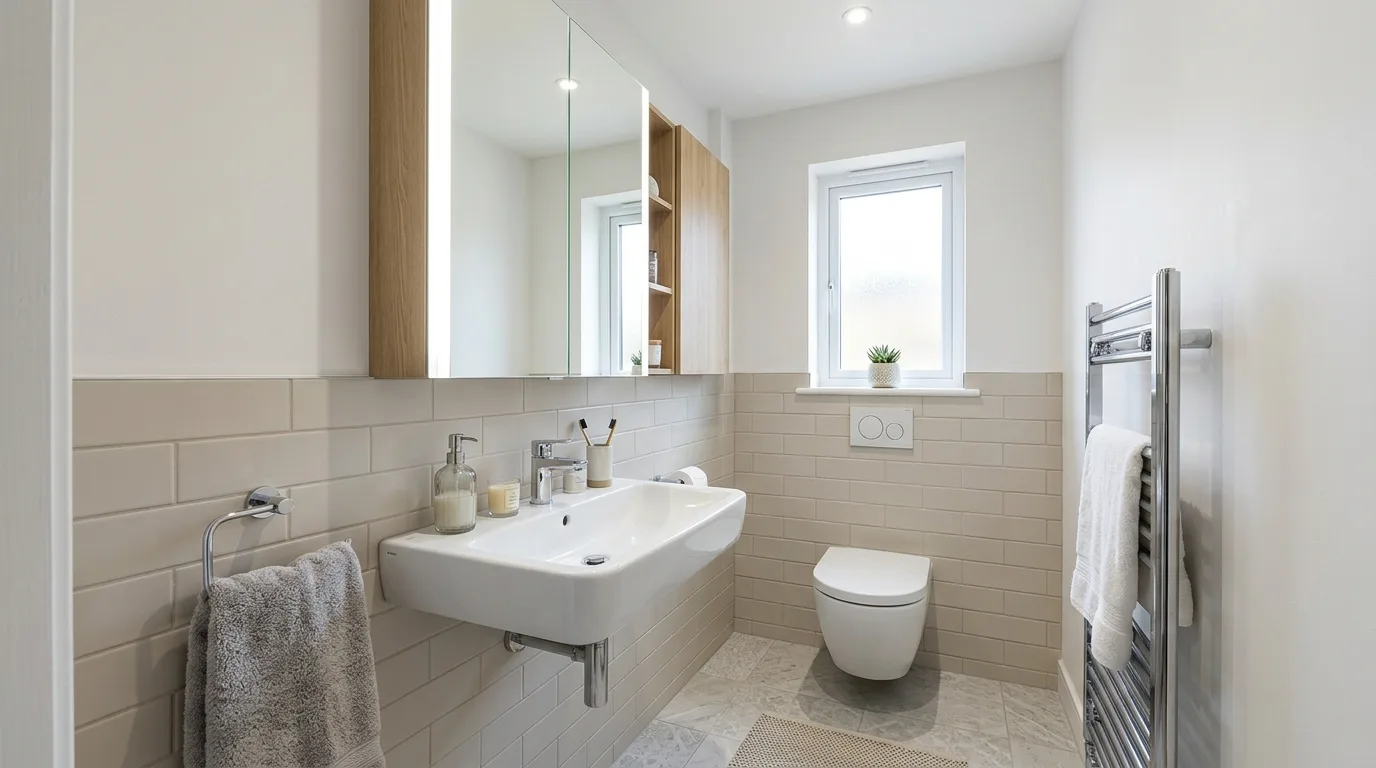 Guest bathroom styled with patterned hand towels and simple decor.