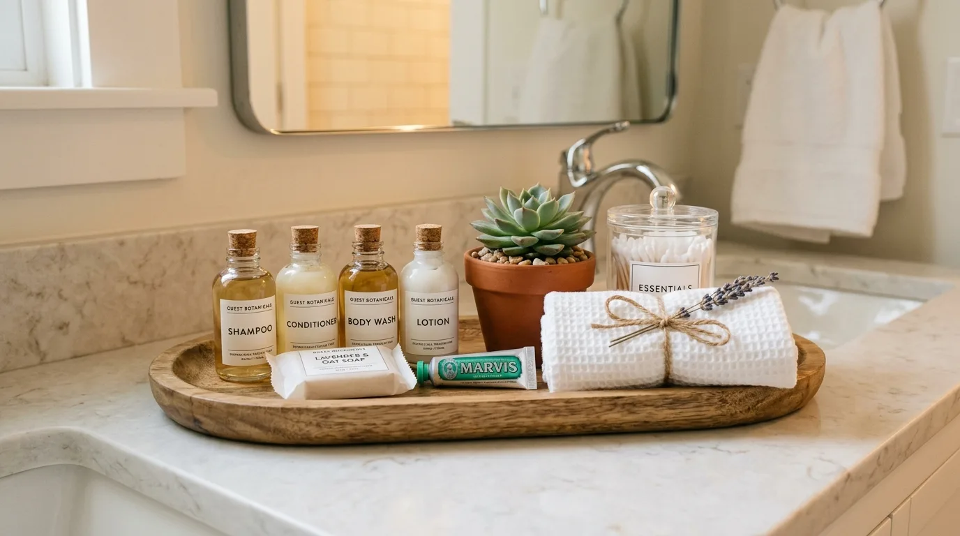 Guest bathroom with a scented candle and spa-like finishing touches.