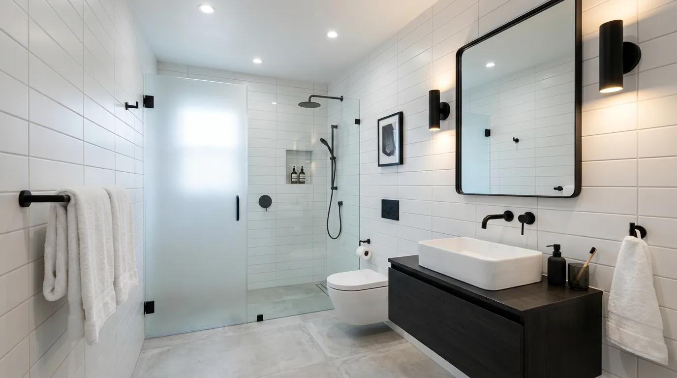 Guest bathroom with a bright mirror creating a lighter more open feel.