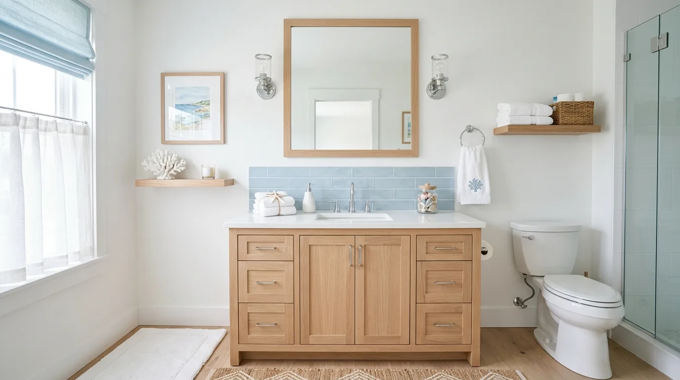 Easy guest bathroom decor with framed art and welcoming styling.