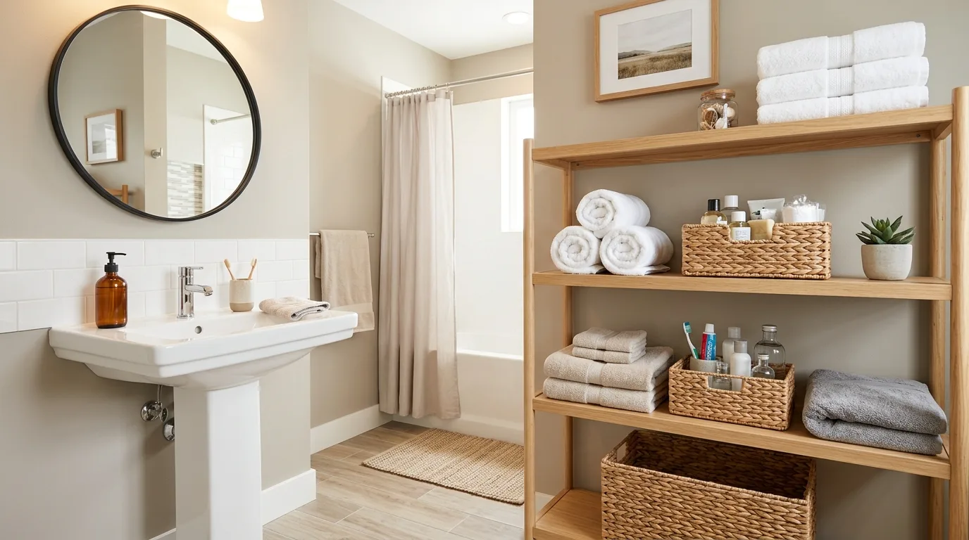 Guest bathroom with coordinated hardware and polished finishes.